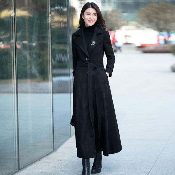 

women's wool & blends women single breasted woolen coat elegant cashmere long winter trench female vintage thicken warm outerwear, Black