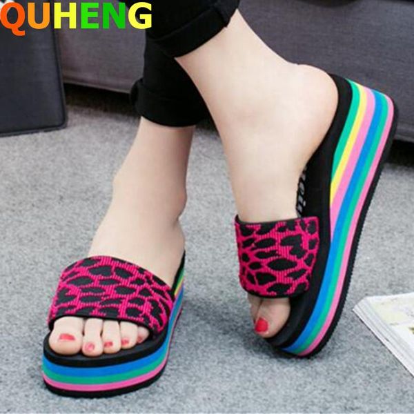 

women slippers rainbow color platform wedges outdoor elastic band word buckle nation style 2021 summer female sandals slides, Black