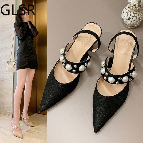 

slippers 2021 pointed pearl baotou women sandals stiletto mules black beige