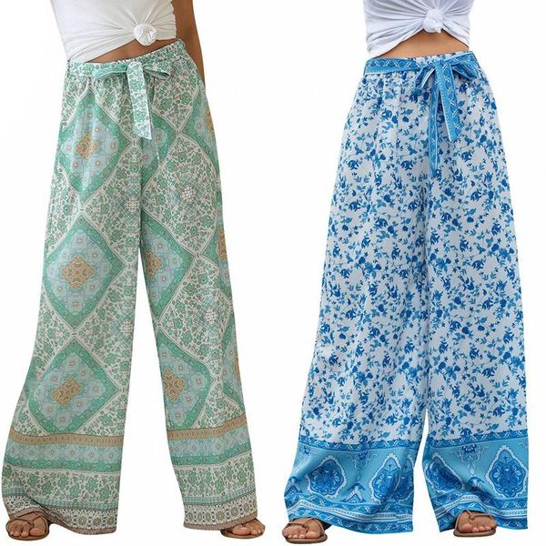

women's pants & capris 2 pcs women floral print wide leg bohemian ladies sashes loose rayon boho long pants, s green  light blue, Black;white