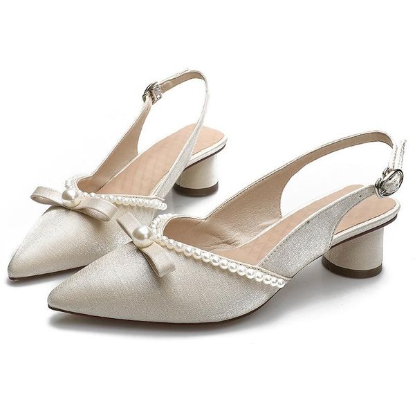 

sandals brand satin thick women pearl strap pumps high heels wedding dress shoes zapatillas mujer female footwear, Black