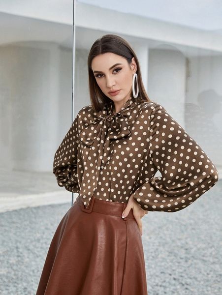

x farah tie neck lantern sleeve polka dot blouse f8t4#, White