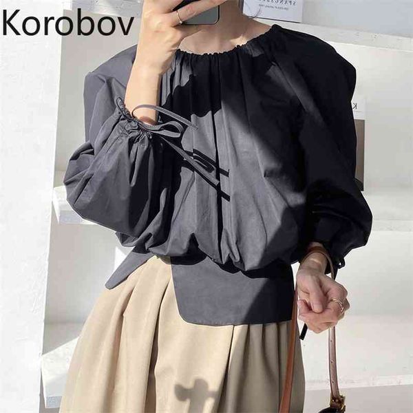 

korobov women solid korean blouses o neck puff sleeve female shirts summer new fashion streetwear shirt 210430, White