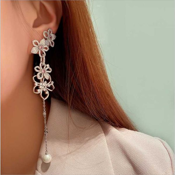 

dangle & chandelier asymmetric hollow flower earrings feminine temperament petal pearl retro tassel long, Silver