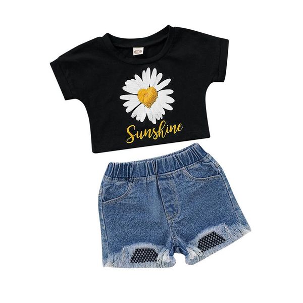 

clothing sets 2021 girls kids suit set flower print round neck short sleeve t-shirt+ ripped denim shorts for summer 1-4 years, White
