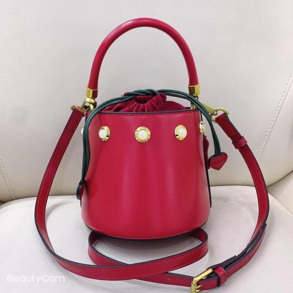 

70% off design hand texture women's new leather korean versatile one shoulder messenger bag foreign fairy pearl portable bucket bag wev, Red;black