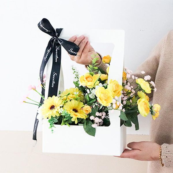 

portable foldable flower box waterproof paper packing bag florist fresh carrier handmade bouquet basket wedding gift wrap