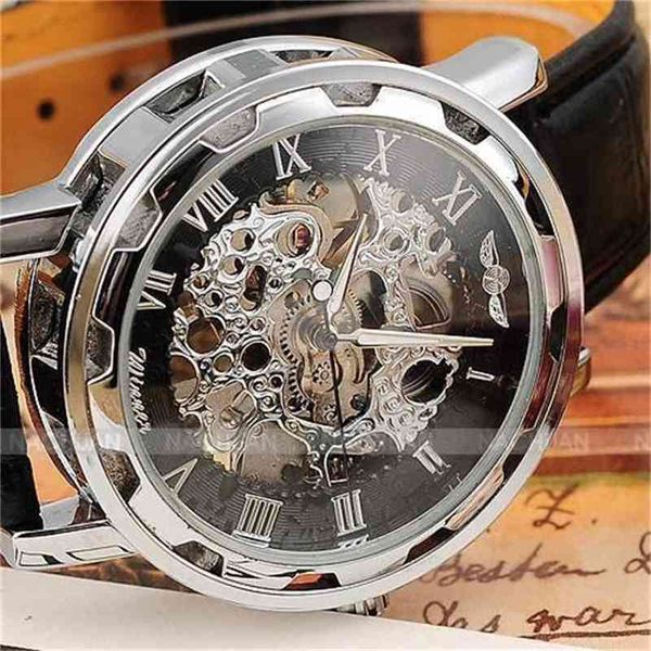 Skeleton Hohl Mode mechanische Hand Wind Männer Luxus männliche Business Lederband Armbanduhr Relogio 210804