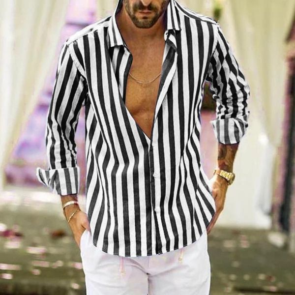 

men's casual shirts summer striped long-sleeved shirt button lapel cardigan fashion, White;black
