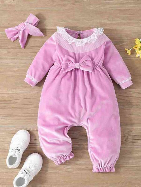 

baby bow front velvet contrast lace jumpsuit with headband she, Blue