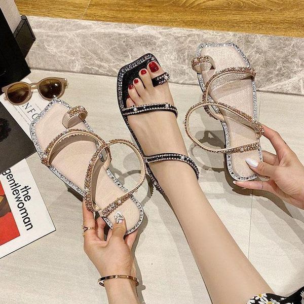 

sandals fashion women rhinestone set toe ladies flat high grade women's shoes non-slip beach holiday, Black