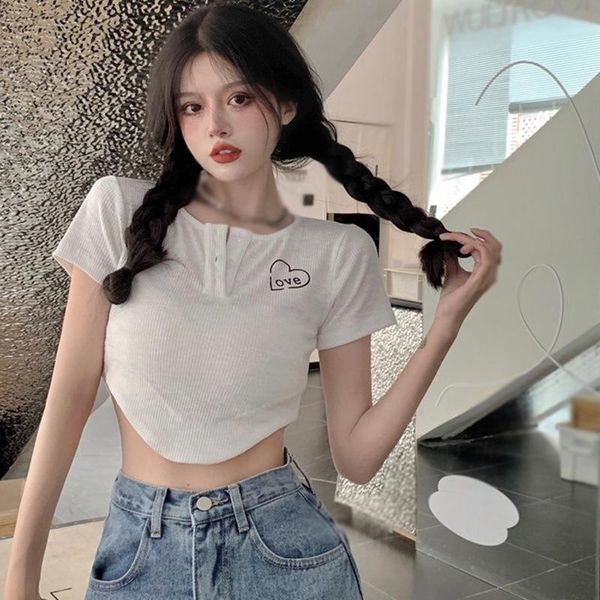 

women's t-shirt 2021 summer printing rounded korean lovely casual short paragraph solid color cultivating short-sleeved, White