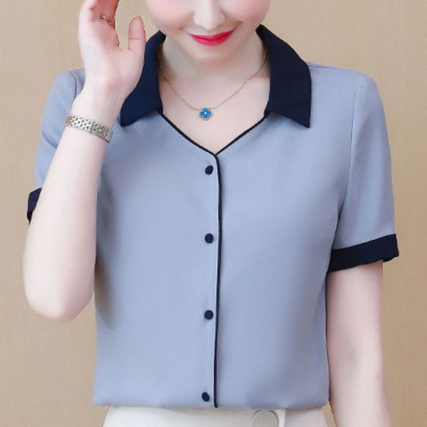 

blouse women blusas mujer de moda summer blouse shirt women short sleeve v-neck blue chiffon blouse women shirts d93 210602, White