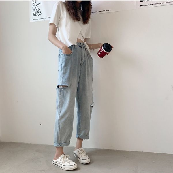 

2021 spring and autumn korean summer boyfriend style straight-line high waist blue torn female jeans