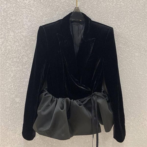 Damenanzüge Blazer EWQ Korea Chic Elegante Seide Samt Saum Nähte Knospe Rand Spitze Up Fit Schwarz Anzug Blazer Mantel Weibliche 2021