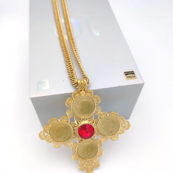 

big coin cross pendants necklace 22k gold 18ct thai baht g/f cuban double curb chain solid heavy jewelry red cz, Silver