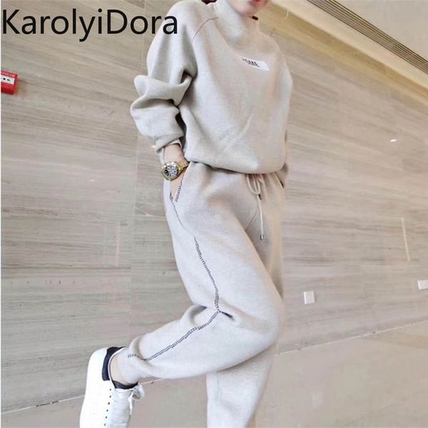 

womens sets 2021 autumn winter woolen and cashmere knitted warm suit o collar sweater + harem pants loose style two-piece sets, White;black