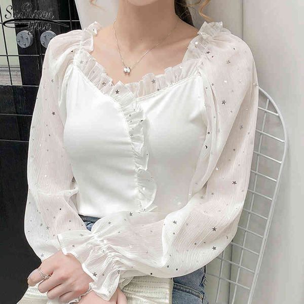 

lace v-neck chiffon blouse pleated slim splicing and autumn vintage lantern long sleeve women's shirts 11419 210427, White