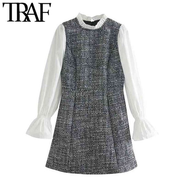 

women sweet fashion patchwork check tweed mini dress vintage lantern sleeve back zipper female dresses mujer 210507, Black;gray