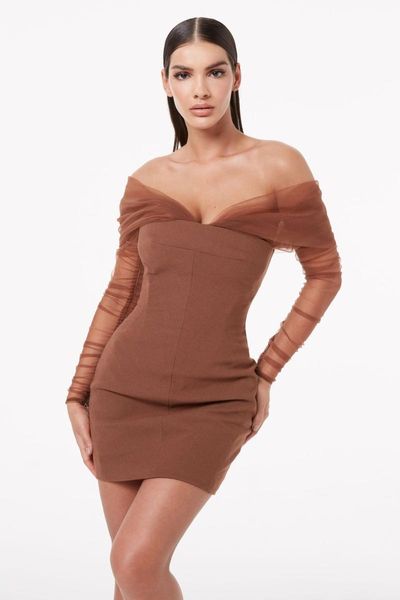 

casual dresses 2021 fashion women brown off the shoulder v neck long sleeve mesh bodycon bandage elegant designer party dress wholesale, Black;gray