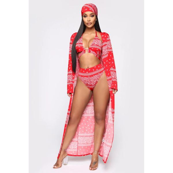 

women's tracksuits echoine vintage print swimwear 4 pieces set beach summer long jacket bra, Gray