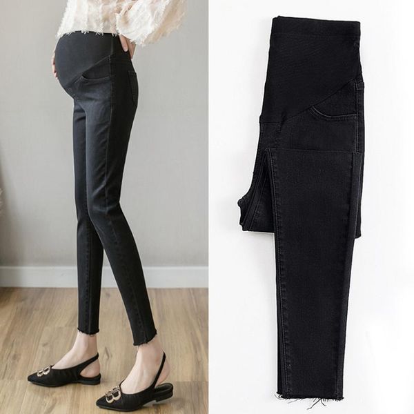 

black spring and autumn jeans fashion all-match pregnant women's high waist slim tight feet pants belly lift for outer maternity bottom, White