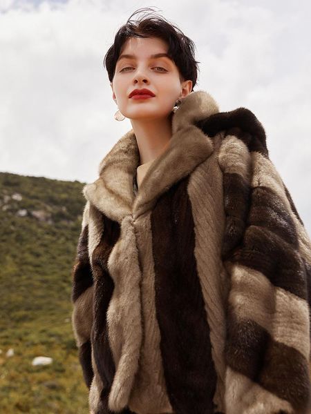 

women's fur & faux ur fashion real mink coat full pumping hooded thick velvet hoodie for women autumn&winter warm outerwear, Black