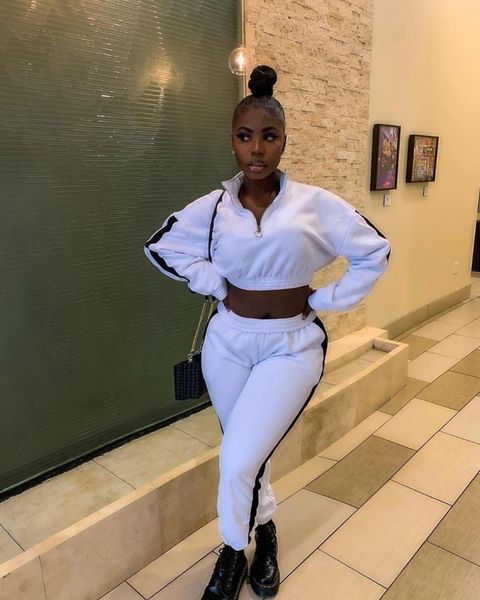

women's two piece pants 2-piece autumn long-sleeved zipper stand-up collar stitching contrast + trousers two-piece suit casual sportswe, White