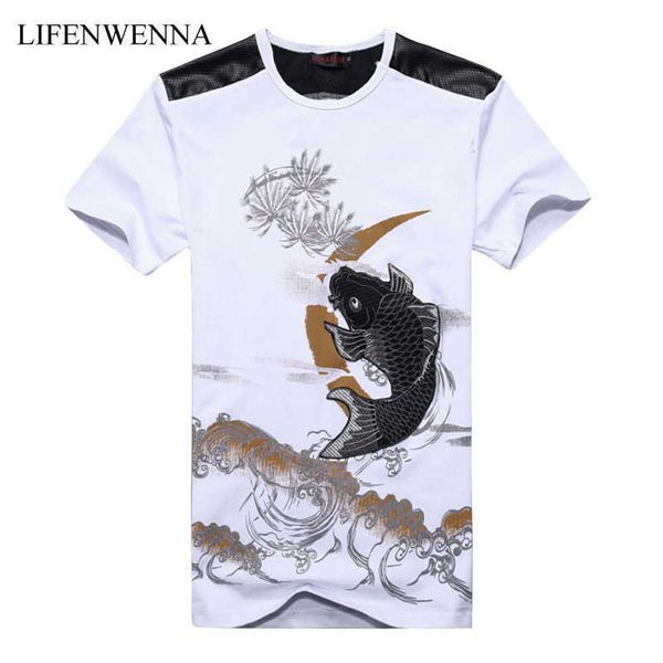 

plus size 6xl men's t shirt fashion chinese style goldfish embroidery men t shirts short-sleeve slim fit casual t shirts men 210528, White;black