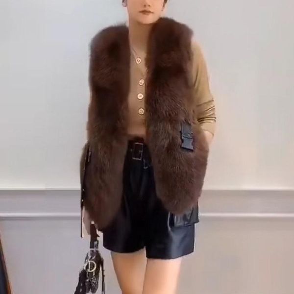 

women's fur & faux winter warm natural vest women fashion sleeveless thick genuine waistcoat female coats, Black