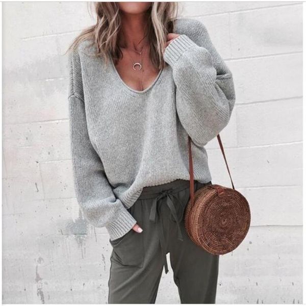 

women's sweaters fashion pullovers autumn 2021 women v-neck pure color long sleeve sweater languid lazy style casual loose, White;black