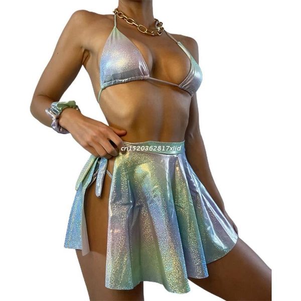 

one-piece suits women 3pcs bikini set halter neck shiny gradient iridescent metallic swimsuit with pleated beach skirt bathing dropship