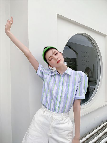 

backless shirt for women 2021 summer new thin elegant blouse striped solid color short sleeve all-match fashion blusas, White