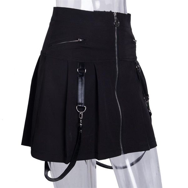 

skirts autumn zipper pleated plaid school mini skirt halloween gothic a line women strap solid suspender bottom, Black