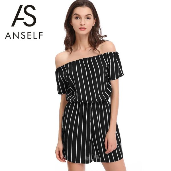 

women's jumpsuits & rompers women summer jumpsuit stripes slash neck short sleeves elastic waist casual playsuit black, Black;white