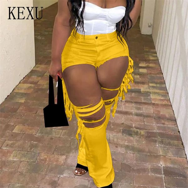 

big hole hollow plus size jean women high waist side tassel patchwork red flare pant streetwear bell bottom denim capris women's jeans, Blue