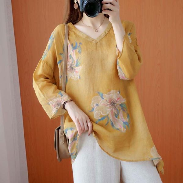 

women cotton linen casual t-shirts new spring vintage style v-neck floral print loose female long sleeve tees s3212 210412, White