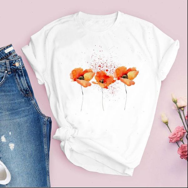 

women graphic flower floral womens watercolor cute 90s style vintage print lady tees clothing female t shirt, White