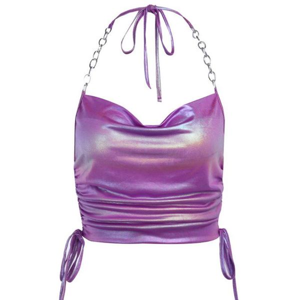 

women's tanks & camis women summer ruched drawstring halter crop glitter metallic holographic camisole backless metal chain bustier, White