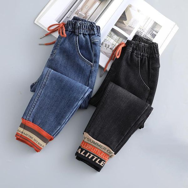 

spring autumn girls clothes jeans for kids cotton casual slim long denim pants elasticated threaded hem 4-13y, Blue