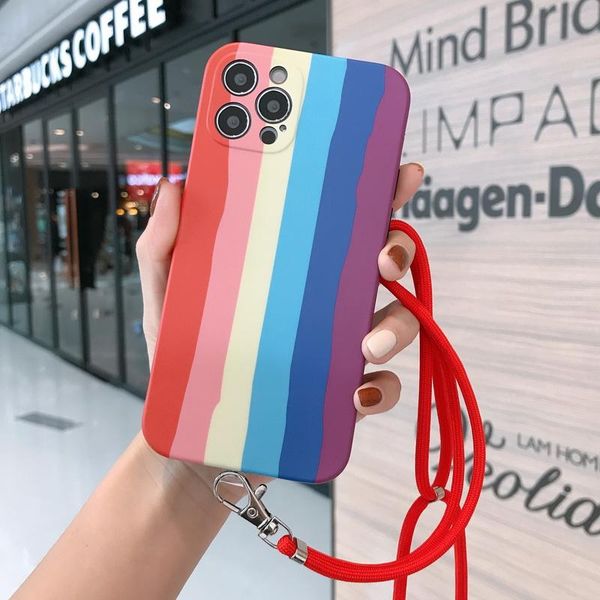 

rainbow pattern tpu phone cases match hang rope for iphone 12 11 pro x xr xs max mini 7 8 plus se