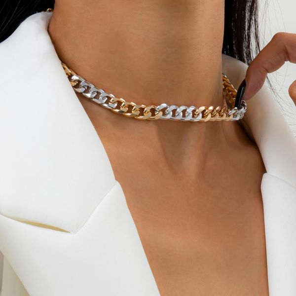 

chokers punk mixed color miami cuban chain choker necklace collar statement gold & sliver women on the neck 2021, Golden;silver