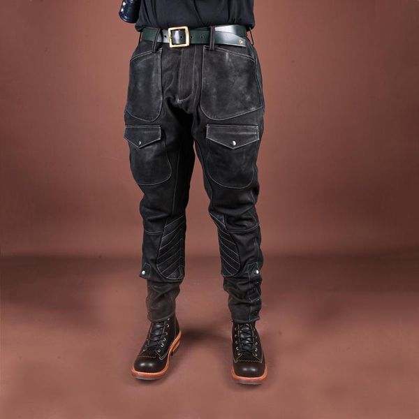 

men's pants sdp731 genuine cow leather motorcycle rider vintage heavy thick durable stylish cowhide trousers, Black