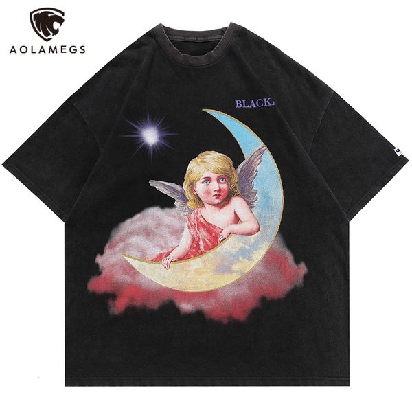 

men's polos aolamegs watercolor cloud angel paint oversized men's jersey retro afflicted t-shirt couple high summer streetwear, White;black