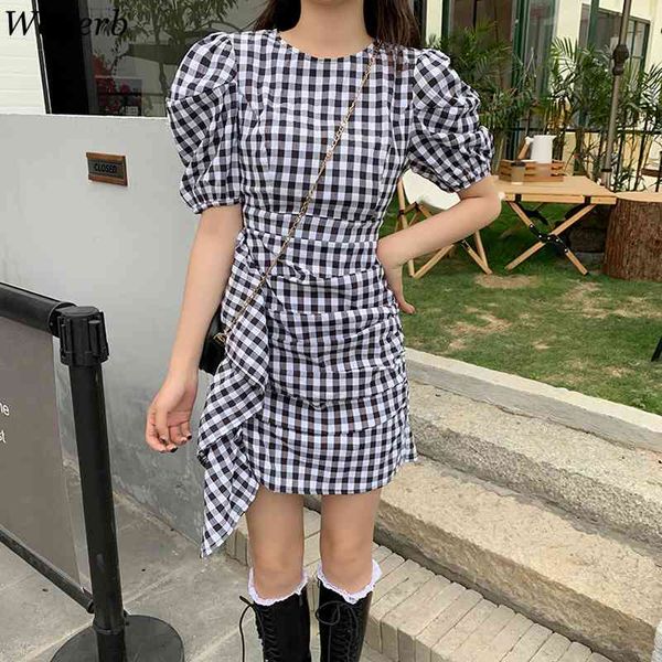 

sweet high waist robe femme girls chic plaid dress puff sleeve ruffle dresses all match fashion mini vestidos korean 210417, Black;gray