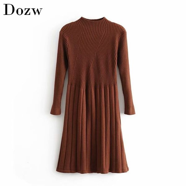 

women casual knitted sweater dress autumn winter long sleeve elegant pleated dress solid turtleneck ladies midi dresses 210414, Black;gray