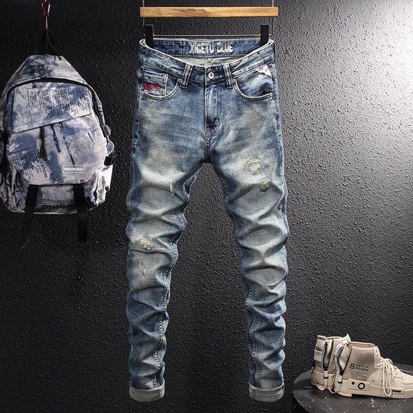 

men's jeans european street fashion men retro blue elastic slim ripped frayed hole patchwork designer vintage denim pants