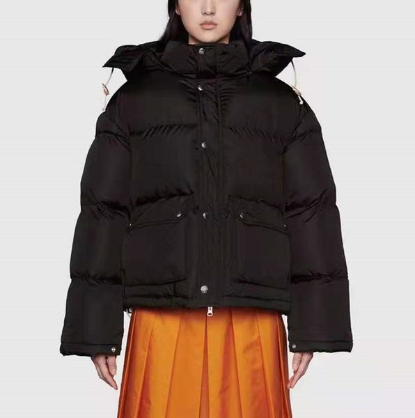 

men brown canvas padded down jacket designer women zipper pockets parkas nylon coat hooded drawstring winter warm outwear, Black