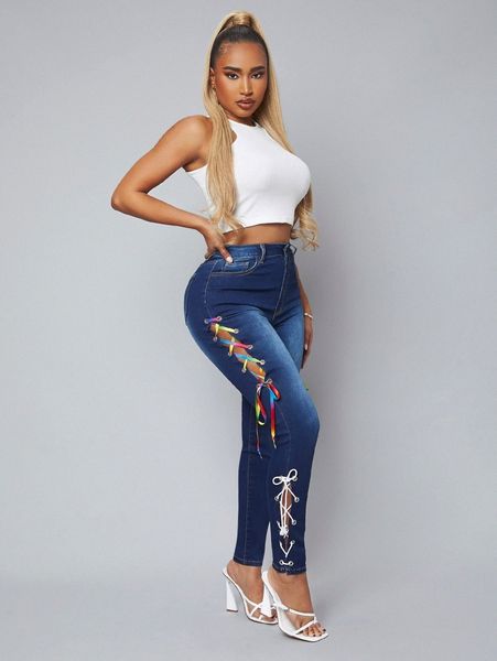 

sxy high waist criss cross lace up skinny jeans f1q1#, Blue