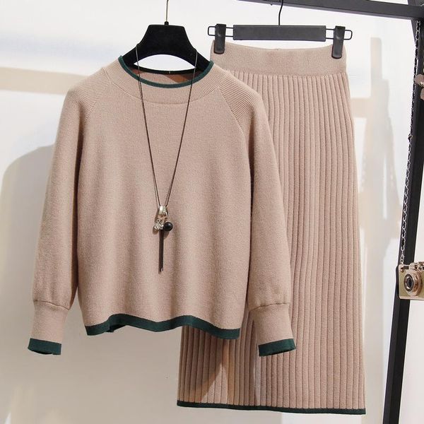 

women's two piece pants large size womans sweater + pencil skirt sets fat 4xl female casual two-pieces suits loose knit midi winter, White